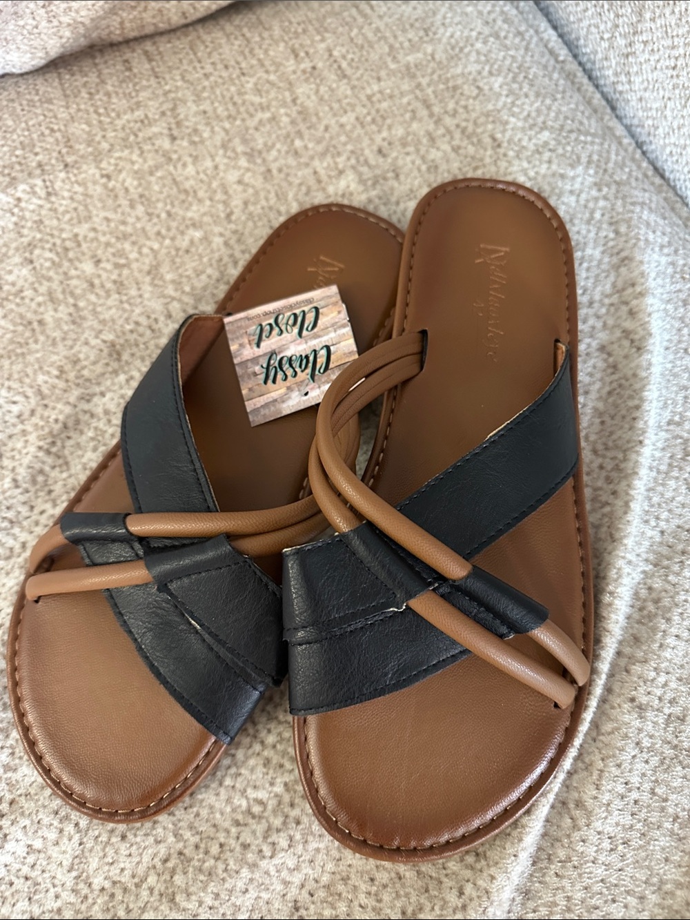 Classic Leather Crossband Slide Sandals in Black and Brown